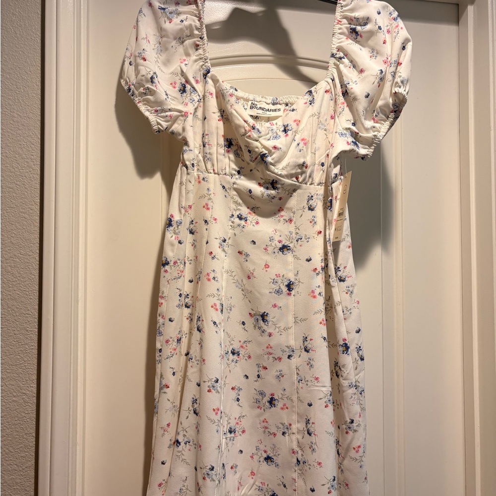No Boundaries Cream Mini Dress with Blue and Pink Floral Print